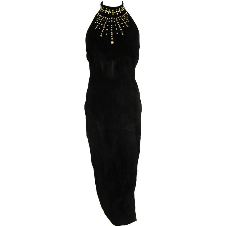 VINTAGE Gold Studded Black Suede Maxi Long Halter Dress For Sale