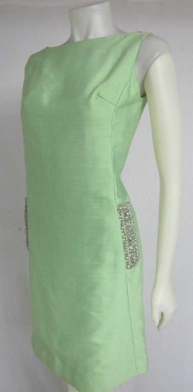 1960s Sheath Dress -Raw Green Silk Bejeweled Faux Pockets