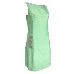 1960s Sheath Dress -Raw Green Silk Bejeweled Faux Pockets