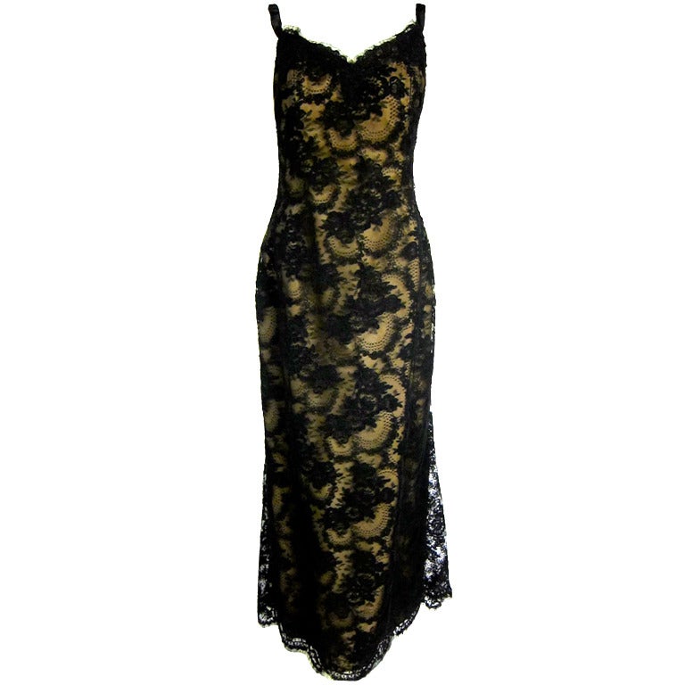 Victor Costa Black Lace Illusion Formal Ball Gown Dress For Sale