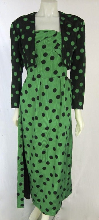 GIVE ME THE GREEN & BLACK POLKA DOT FORMAL LONG DRESS  -Train & Jacket In Excellent Condition For Sale In San Francisco, CA