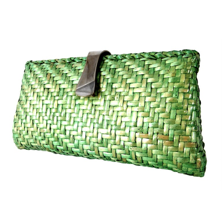 1960s Spring Green Hard Wicker Clutch Handbag For Sale