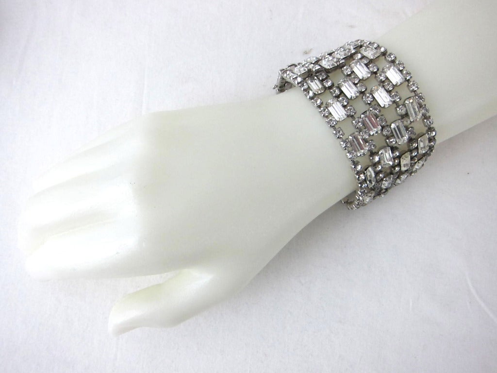 Vintage 1960 Wide Chunky  Prong Set Square Rhinestone Bracelet -Glamor In Excellent Condition For Sale In San Francisco, CA