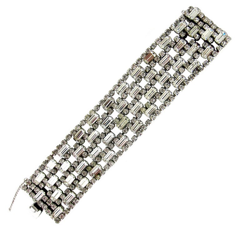Vintage 1960 Wide Chunky  Prong Set Square Rhinestone Bracelet -Glamor For Sale