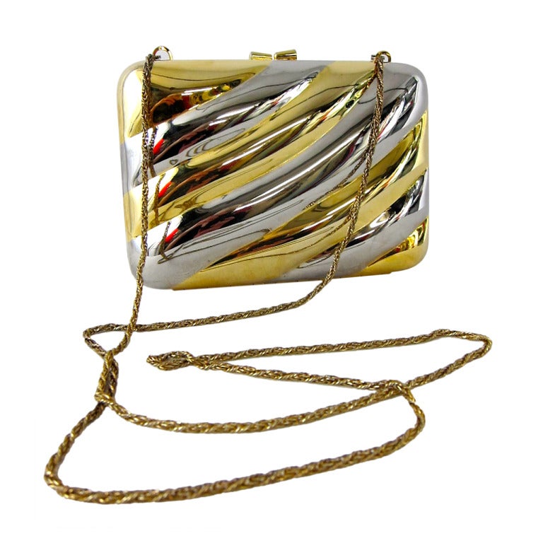 Vintage Gold Silver Ace Metrical Hard Case Handbag Clutch -Optional chain strap. For Sale