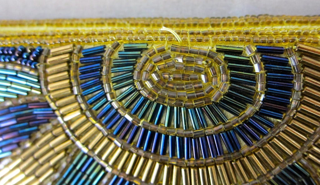 Vintage Art Deco Egyptian Style  Beaded Clutch Hand bag-Gold & Blue In Excellent Condition For Sale In San Francisco, CA