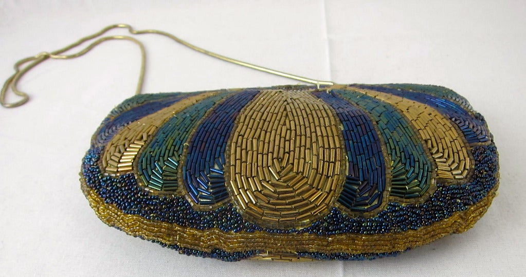Vintage Art Deco Egyptian Style  Beaded Clutch Hand bag-Gold & Blue For Sale 1