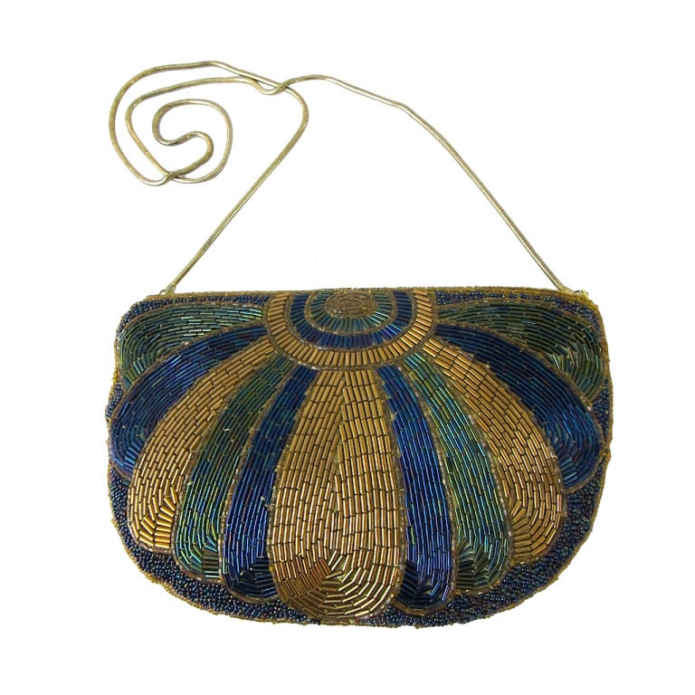 Vintage Art Deco Egyptian Style  Beaded Clutch Hand bag-Gold & Blue For Sale