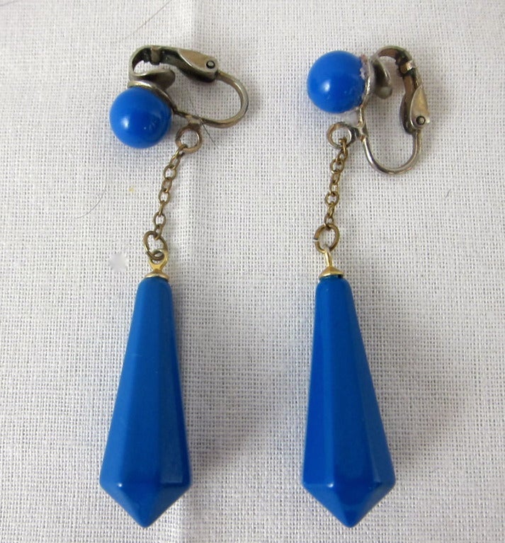 1920s 30s Royal Blue Drop dangle clip on earrings.
 2