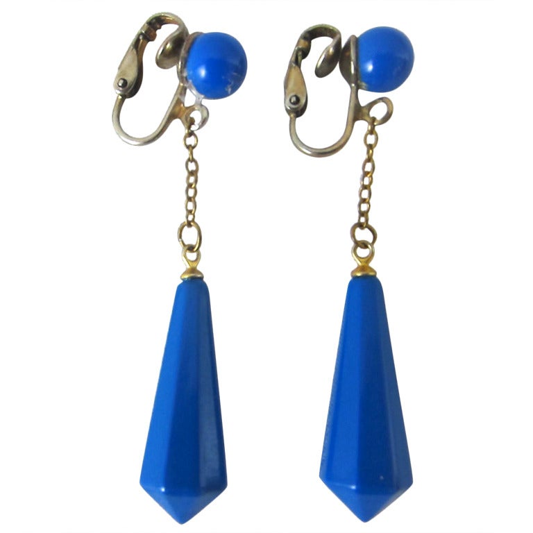 1920s Royal Blue Drop Dangle Earrings -Clip on-Flapper! For Sale