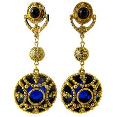 Byzatine Style Gold & Blue Glass, Mirrored Back Chunky  Duster 3"  Earrings