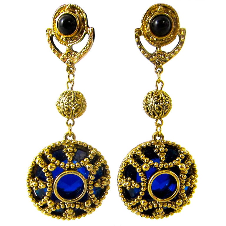 Byzatine Style Gold & Blue Glass, Mirrored Back Chunky  Duster 3"  Earrings For Sale