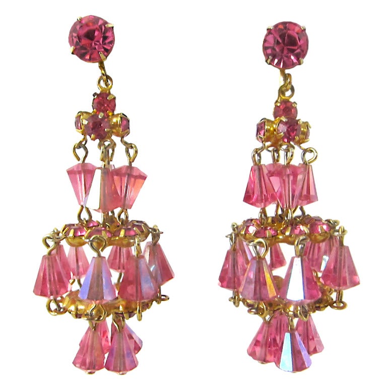 1960s PINK GLASS  CHANDELIER  CLIP ON EARRINGS For Sale