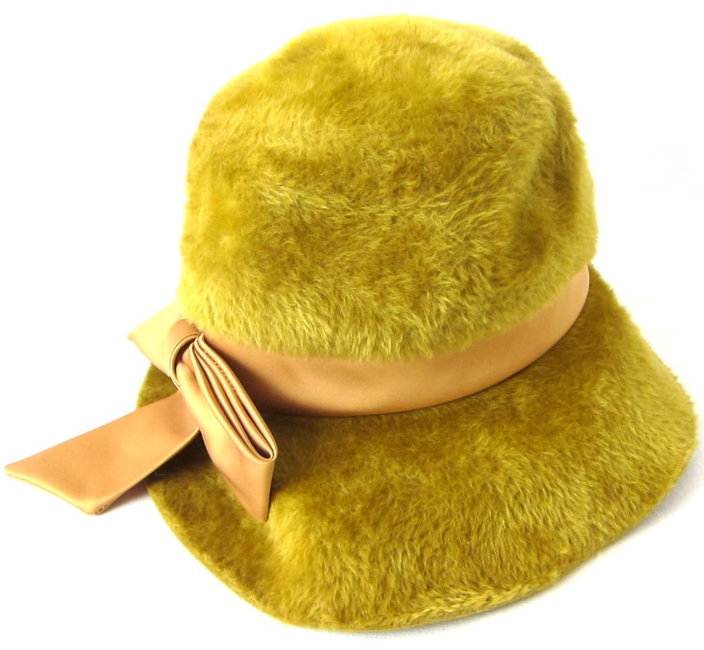 Women's 1960s Golden Mustard Faux Fur  Italian Hat-Big Satin Bow For Sale