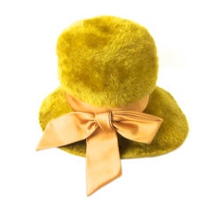 1960s Golden Mustard Faux Fur  Italian Hat-Big Satin Bow