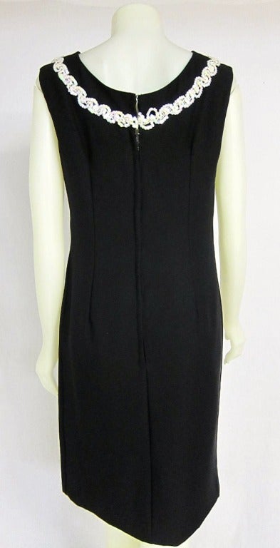 1960s CLASSIC BLACK SHIFT DRESS w PEARLY IRIDESCENT TRIM.