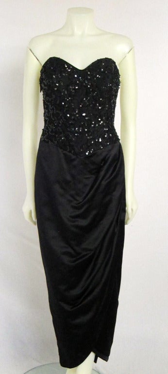 Elegant  Silk Strapless Black Sequin Bodice Formal Gala Dress