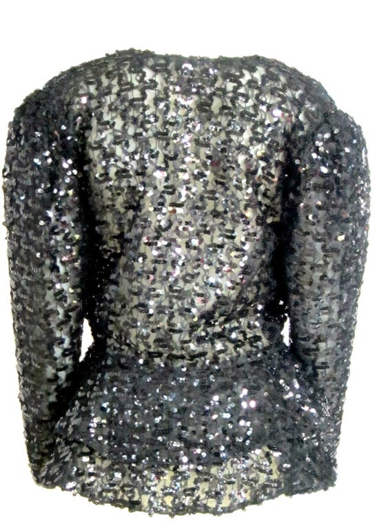 Black Sequin Ribbon Peplum Rhinestone Button Jacket In Excellent Condition For Sale In San Francisco, CA