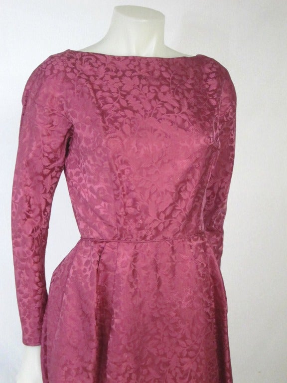 Hot Fuschia Satin Brocade Sexy Scooped Back Long Sleeve Party Dress-Mad Men! In Excellent Condition For Sale In San Francisco, CA
