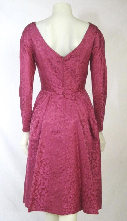Women's Hot Fuschia Satin Brocade Sexy Scooped Back Long Sleeve Party Dress-Mad Men! For Sale