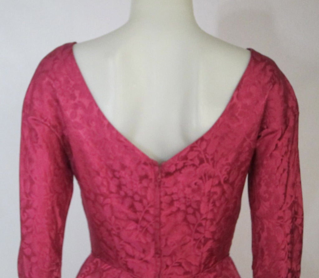 Hot Fuschia Satin Brocade Sexy Scooped Back Long Sleeve Party Dress-Mad Men! For Sale 1