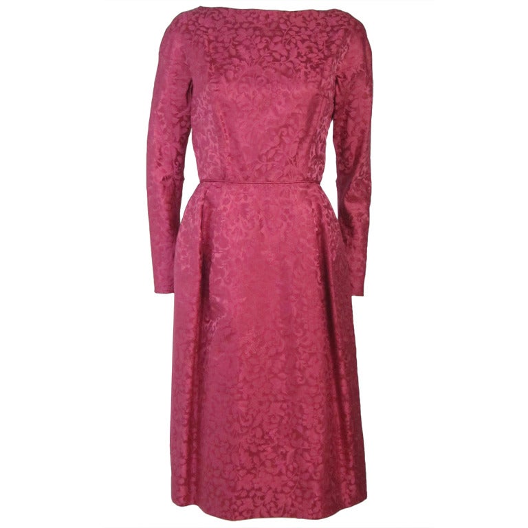 Hot Fuschia Satin Brocade Sexy Scooped Back Long Sleeve Party Dress-Mad Men! For Sale