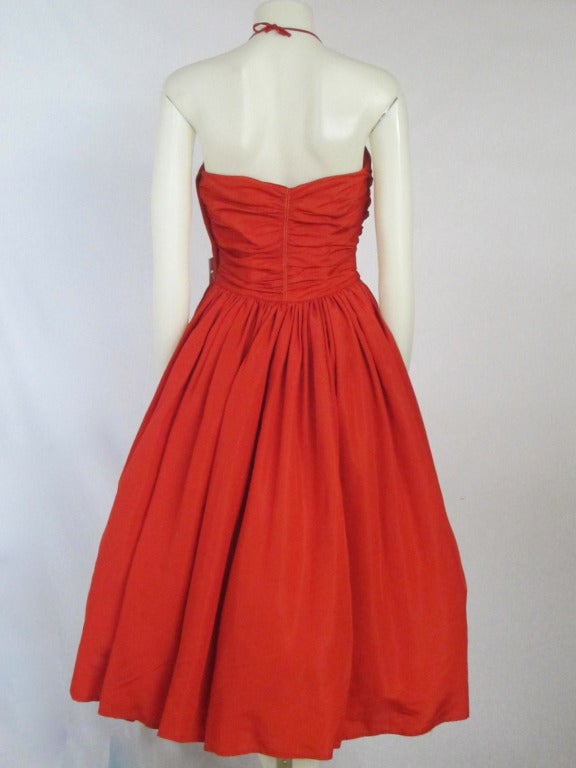 Women's Vintage 1940s Red Ruche Bodice Full Skirt  Party Dress w Beading For Sale
