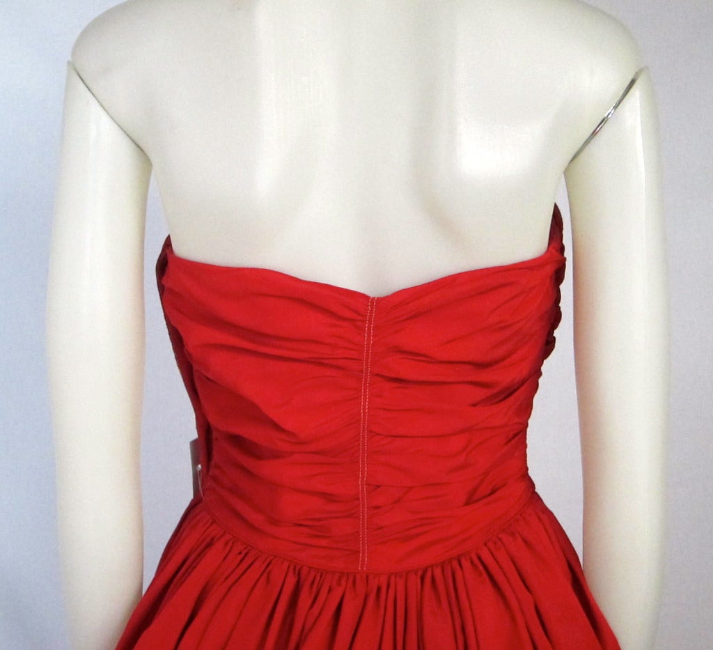 Vintage 1940s Red Ruche Bodice Full Skirt  Party Dress w Beading For Sale 1