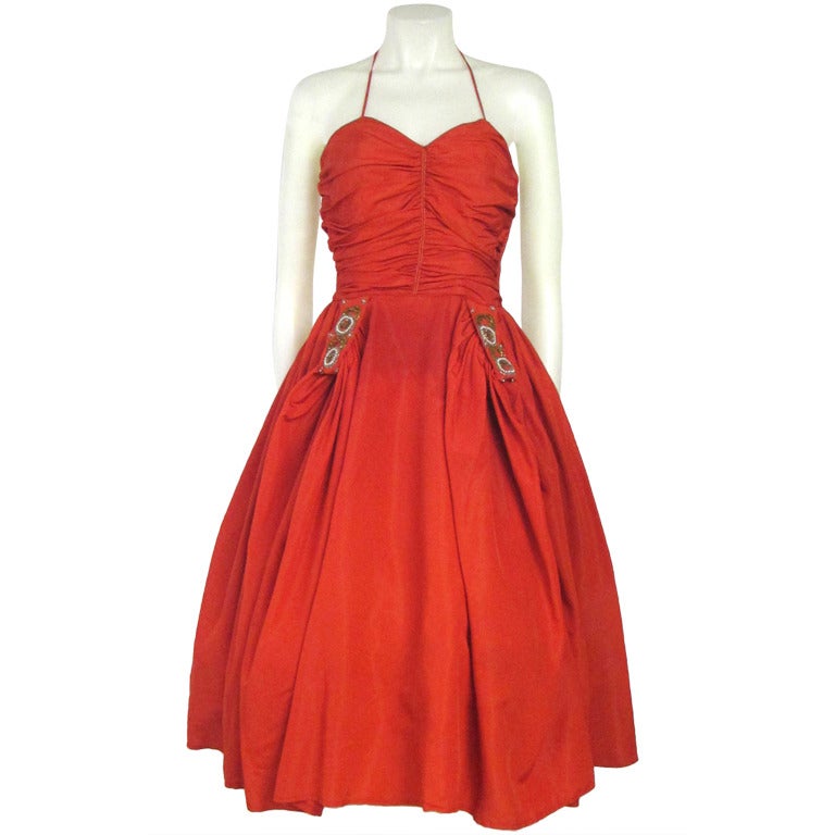 Vintage 1940s Red Ruche Bodice Full Skirt  Party Dress w Beading For Sale