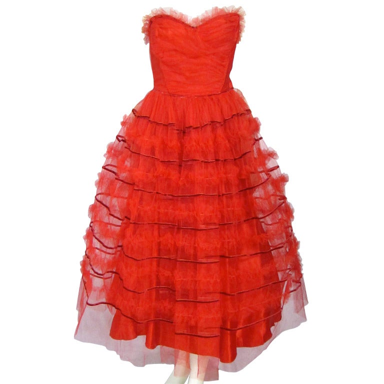 1950s Strapless Holiday Red Tulle Party Wedding Dress For Sale