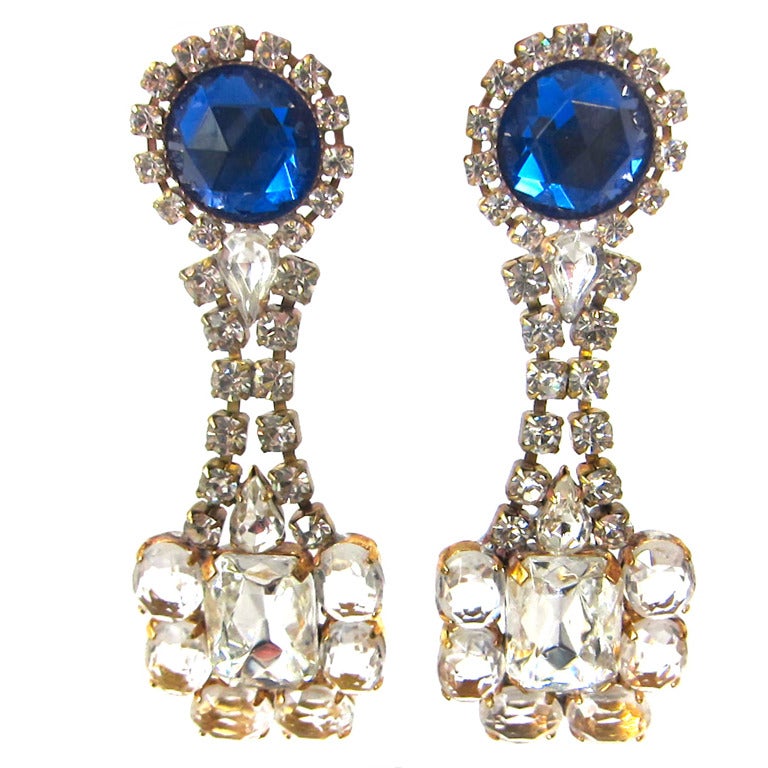 Sapphire Blue & Clear Rhinestones Flower  Duster Pierced Gala Earrings -Czech For Sale