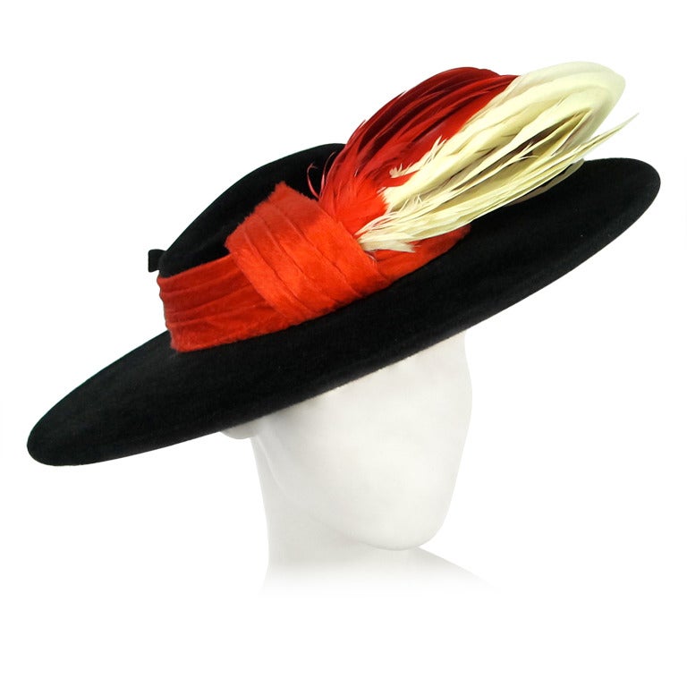 1930s BEST & COMPANY Flaming Red & White Feather Wide Brim Hat For Sale