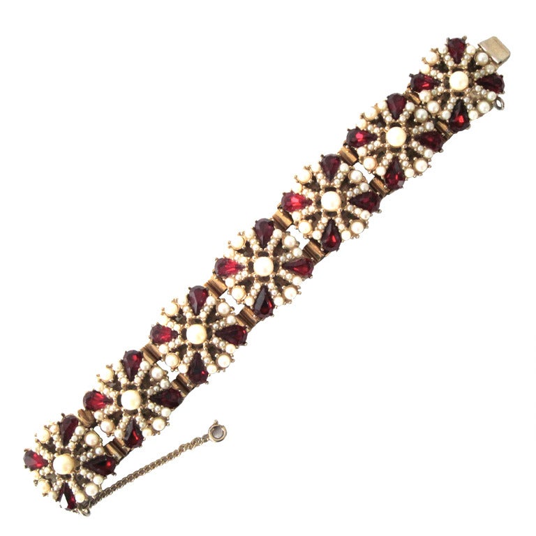 1950s Red Ruby Glass & Seed Pearl Bracelet For Sale