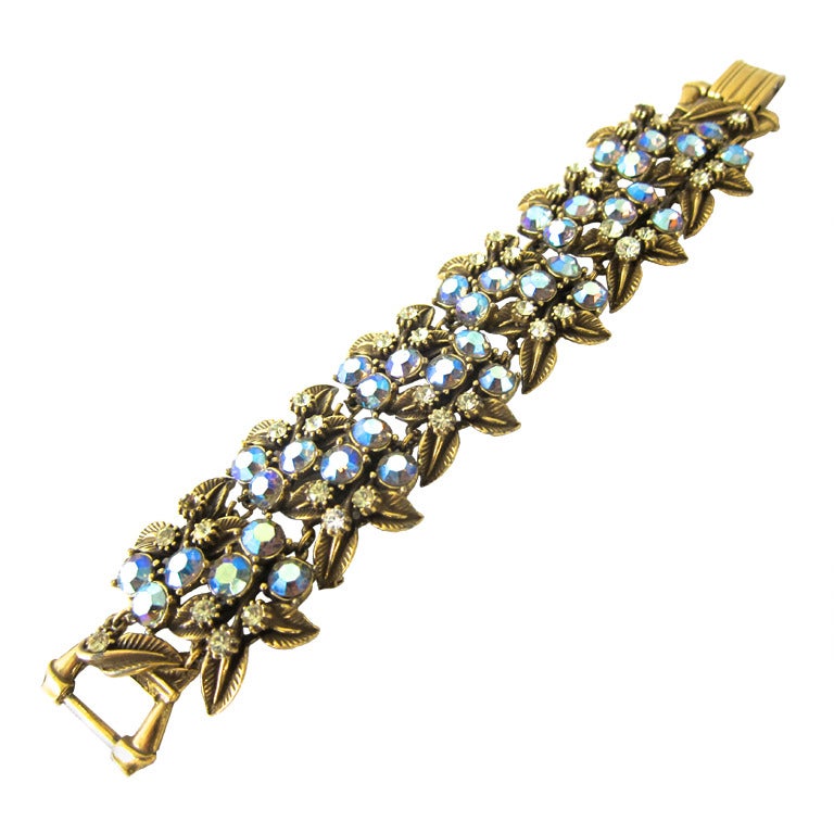 1950s Shimmering Aurora Borealis & Rhinestone Gold Leaves Wide Bracelet For Sale
