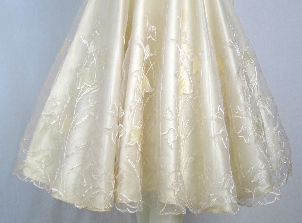 1950s 60s   Ivory Satin &  Sheer Lilly of the Valley Skirt Cocktail Party Wedding Dress In Excellent Condition For Sale In San Francisco, CA