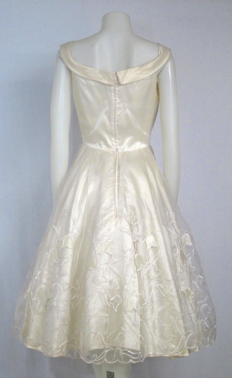 Women's 1950s 60s   Ivory Satin &  Sheer Lilly of the Valley Skirt Cocktail Party Wedding Dress For Sale