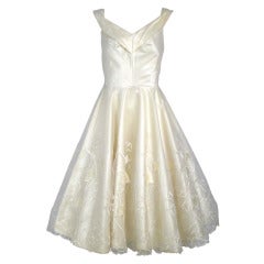 Vintage 1950s 60s   Ivory Satin &  Sheer Lilly of the Valley Skirt Cocktail Party Wedding Dress