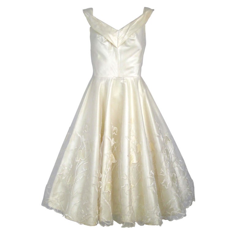 1950s 60s   Ivory Satin &  Sheer Lilly of the Valley Skirt Cocktail Party Wedding Dress For Sale