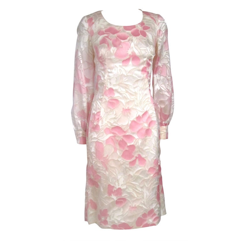 Vintage  Candlelight Pink & White Floral Long Sleeve Sheath Dress For Sale