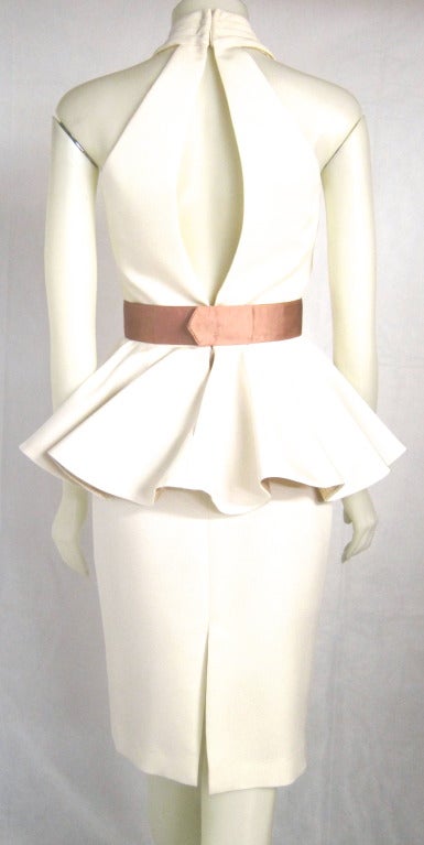 White Peplum Halter  Keyhole Back Column Wiggle Dress-Court House Wedding! In Excellent Condition For Sale In San Francisco, CA
