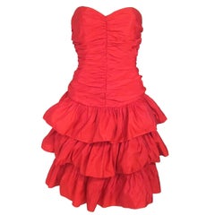 Strapless Red Ruche Layered Bustle Bow Back Party Dress