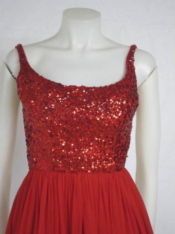 Women's 1960s HOT RED SEQUIN & CHIFFON COCTAIL PARTY DRESS  Junior size For Sale