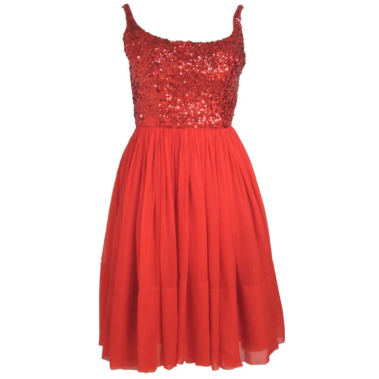 1960s HOT RED SEQUIN & CHIFFON COCTAIL PARTY DRESS  Junior size For Sale