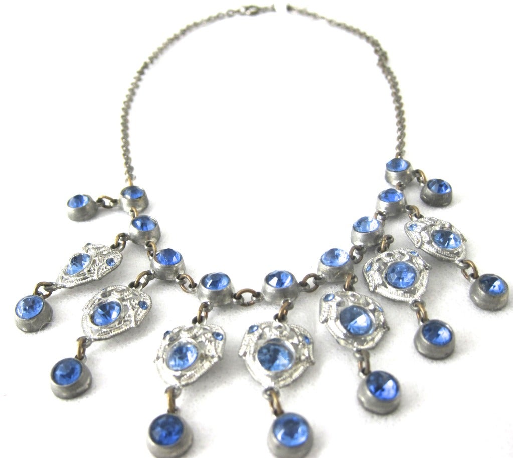 ART DECO  Silver Filigree & Blue Faceted Dangle Necklace