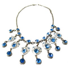 ART DECO  Silver Filigree & Blue Faceted Dangle Necklace