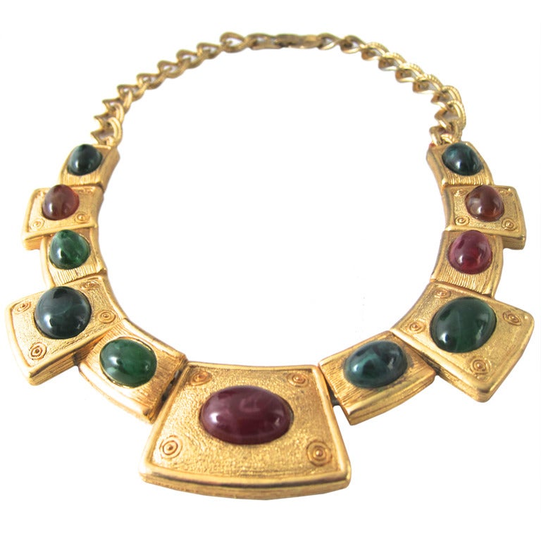 Modernist Gold Tone  Green Amber Cabochon  Collar Neckace For Sale