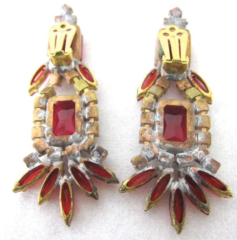 Vintage Red & Clear Rhinestone Gala Earrings Czech