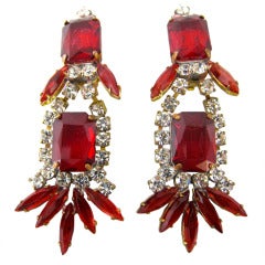 Vintage Red & Clear Rhinestone Gala Earrings Czech