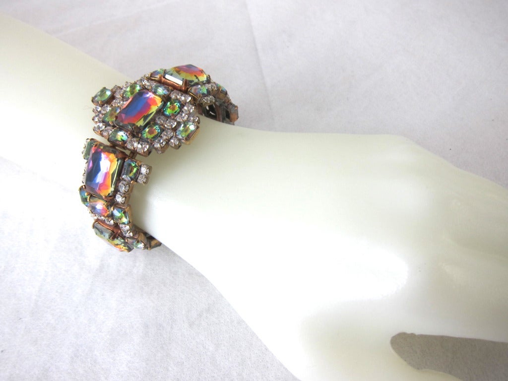 Night Rainbow Bejeweled  Prong Set Stones  Clamper Bracelet In Excellent Condition For Sale In San Francisco, CA