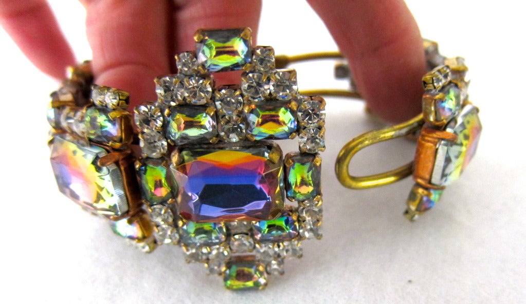 Women's Night Rainbow Bejeweled  Prong Set Stones  Clamper Bracelet For Sale
